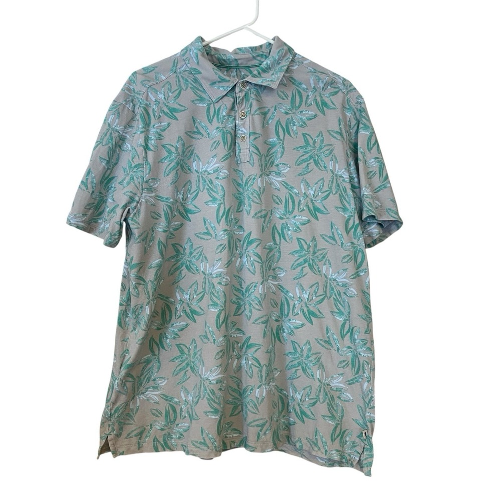Tommy Bahama Polo Shirt‎ Mens Size L Gray Green Floral Hawaiian
